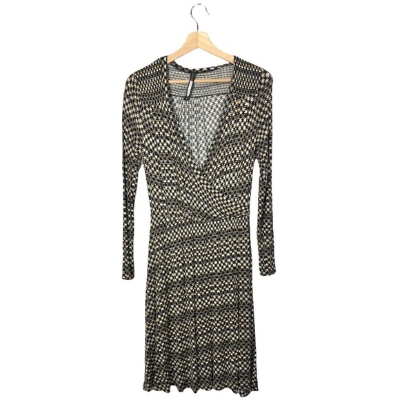 Plenty by Tracy Reese Tan & Black Printed Faux Wrap Long Sleeve Dress S - Picture 3 of 8